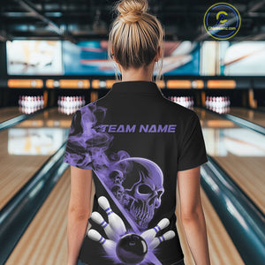 Custom Purple Smoke Skull Women Bowling Team Polo Shirts, Hallowen Bowlers Jerseys IPHW9525