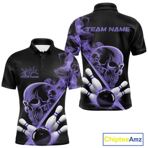 Custom Purple Smoke Skull Men Bowling Team Polo Shirts, Hallowen Bowlers Jerseys IPHW9525