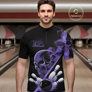 Custom Purple Smoke Skull Men Bowling Team Quarter-Zip Shirts, Hallowen Bowlers Jerseys IPHW9525