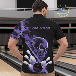 Custom Purple Smoke Skull Men Bowling Team Quarter-Zip Shirts, Hallowen Bowlers Jerseys IPHW9525