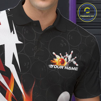 Custom Fiery Red Bowling Men Polo Shirts, Inferno Flame Bowling Team League Shirt IPHW9526