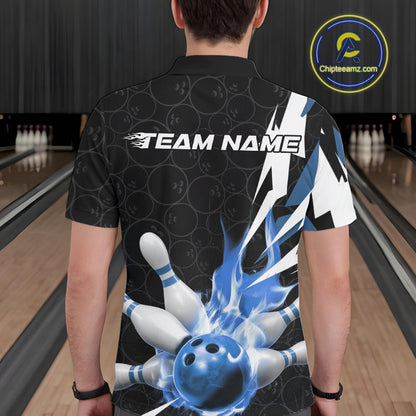Custom Fiery Blue Bowling Men Polo Shirts, Inferno Flame Bowling Team League Shirt IPHW9527