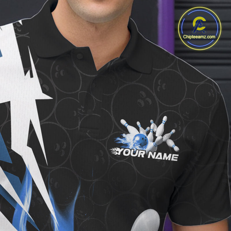 Custom Fiery Blue Bowling Men Polo Shirts, Inferno Flame Bowling Team League Shirt IPHW9527