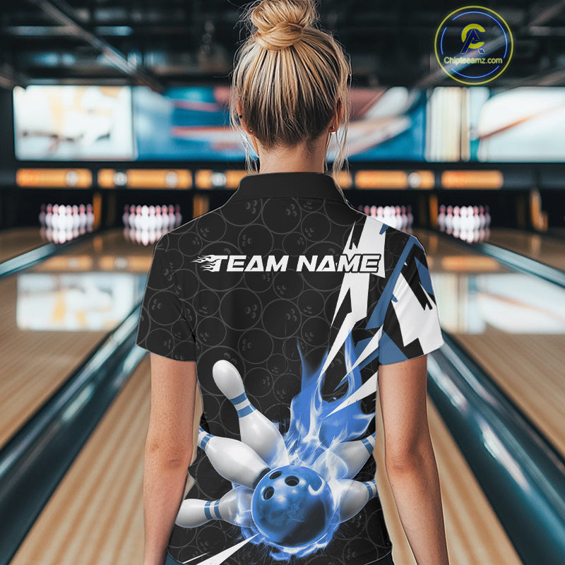 Custom Fiery Blue Bowling Women Polo Shirts, Inferno Flame Bowling Team League Shirt IPHW9527