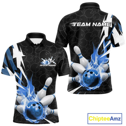 Custom Fiery Blue Bowling Men Polo Shirts, Inferno Flame Bowling Team League Shirt IPHW9527