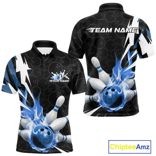 Custom Fiery Blue Bowling Men Polo Shirts, Inferno Flame Bowling Team League Shirt IPHW9527