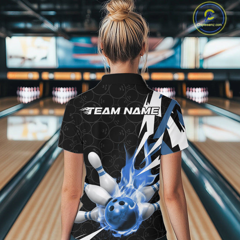 Custom Fiery Blue Bowling Women Quarter-Zip Shirts, Inferno Flame Bowling League Shirt IPHW9527