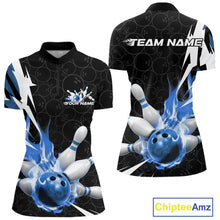 Load image into Gallery viewer, Custom Fiery Blue Bowling Women Quarter-Zip Shirts, Inferno Flame Bowling League Shirt IPHW9527