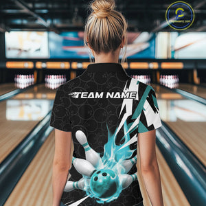 Custom Fiery Pine Green Bowling Women Quarter-Zip Shirts, Flame Bowling League Shirt IPHW9528