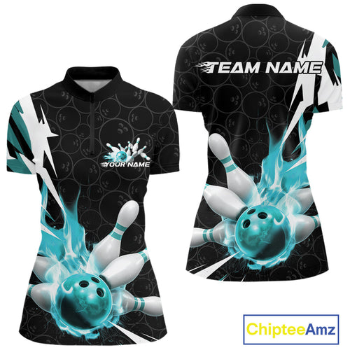 Custom Fiery Pine Green Bowling Women Quarter-Zip Shirts, Flame Bowling League Shirt IPHW9528