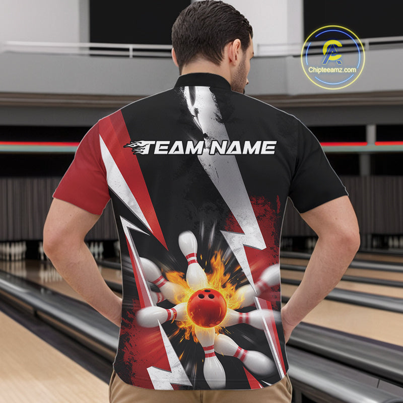Custom Fiery Red Bowling Men Quarter-Zip Team Shirts, Fire Flame Bowling Jerseys Bowler Outfit IPHW9529