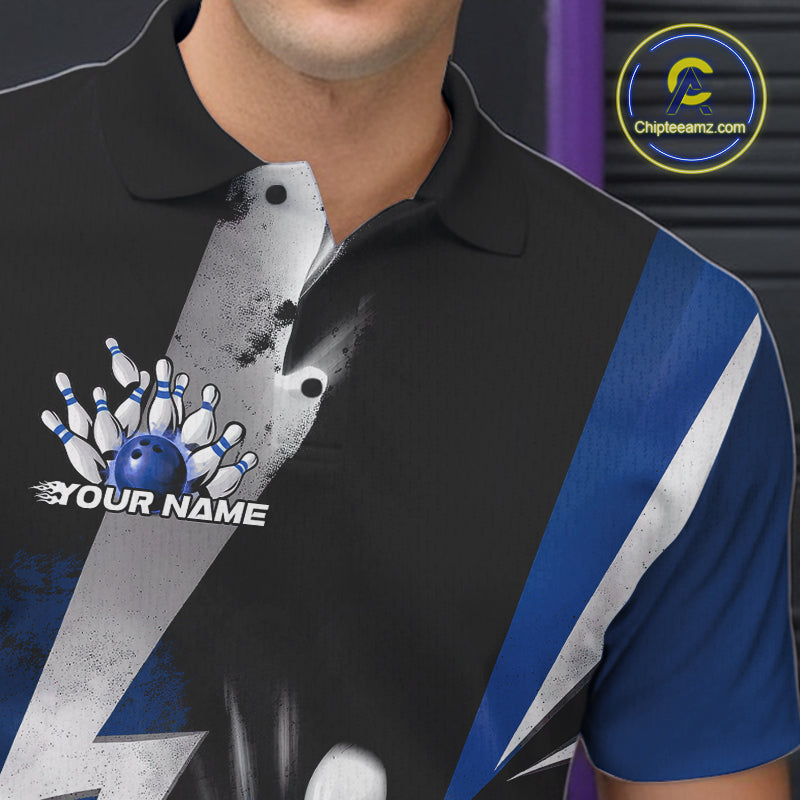Custom Fiery Blue Bowling Men Polo Team Shirts, Fire Flame Bowling Jerseys Bowler Outfit IPHW9530