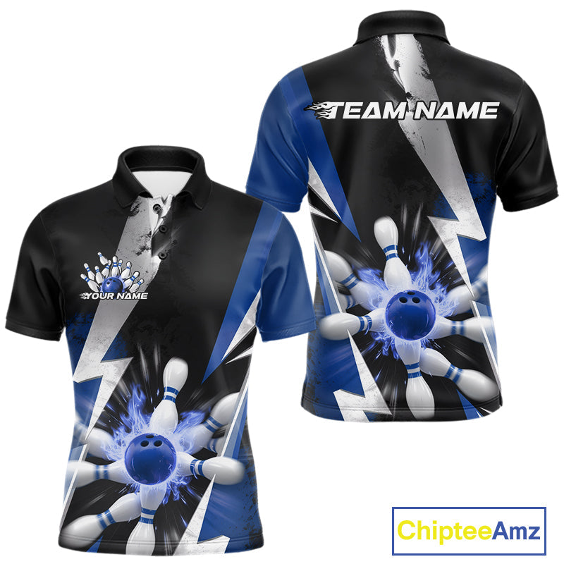 Custom Fiery Blue Bowling Men Polo Team Shirts, Fire Flame Bowling Jerseys Bowler Outfit IPHW9530