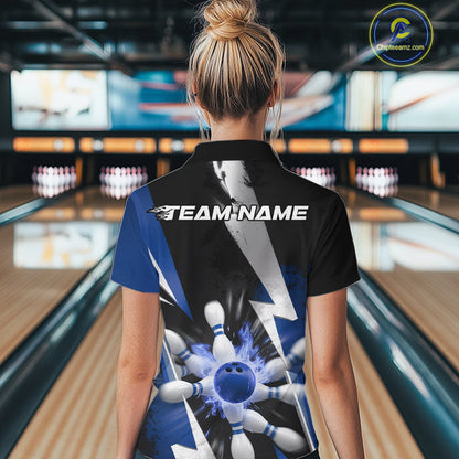 Custom Fiery Blue Bowling Women Quarter-Zip Team Shirts, Fire Flame Bowler Outfit IPHW9530