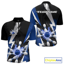 Load image into Gallery viewer, Custom Fiery Blue Bowling Men Quarter-Zip Team Shirts, Fire Flame Bowling Jerseys Bowler Outfit IPHW9530