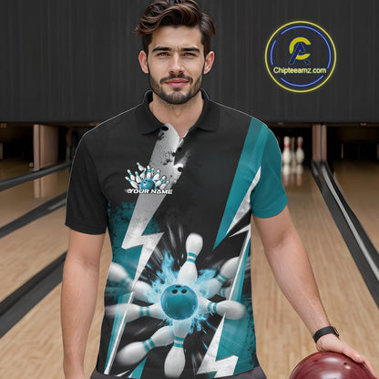 Custom Fiery Turquoise Blue Bowling Men Polo Team Shirts, Fire Flame Bowling Jerseys Bowler Outfit IPHW9531