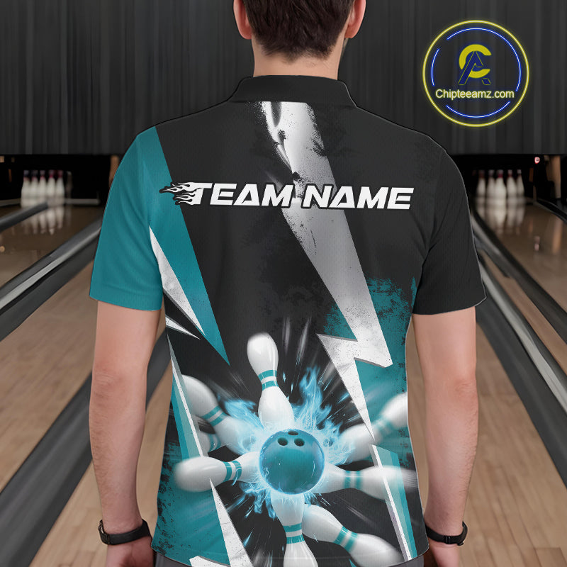 Custom Fiery Turquoise Blue Bowling Men Polo Team Shirts, Fire Flame Bowling Jerseys Bowler Outfit IPHW9531