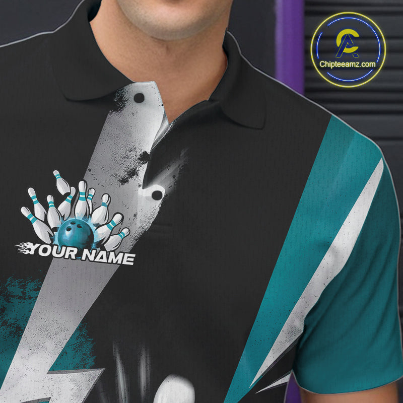 Custom Fiery Turquoise Blue Bowling Men Polo Team Shirts, Fire Flame Bowling Jerseys Bowler Outfit IPHW9531