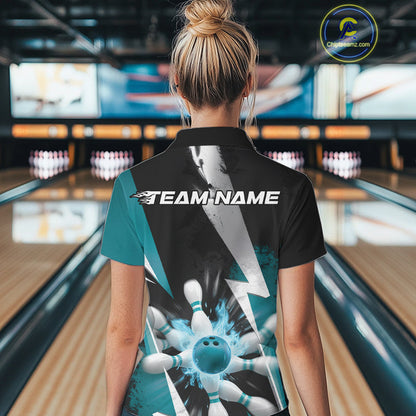 Custom Fiery Turquoise Blue Bowling Women Polo Team Shirt, Flame Bowling Jerseys Outfit IPHW9531