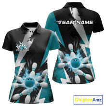 Load image into Gallery viewer, Custom Fiery Turquoise Blue Bowling Women Polo Team Shirt, Flame Bowling Jerseys Outfit IPHW9531