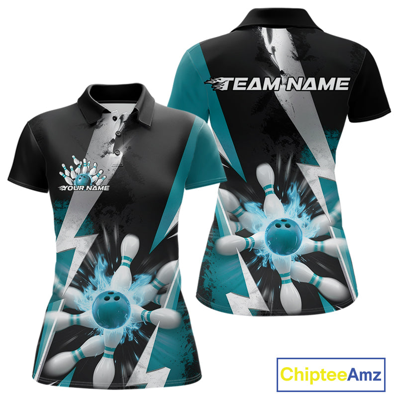 Custom Fiery Turquoise Blue Bowling Women Polo Team Shirt, Flame Bowling Jerseys Outfit IPHW9531