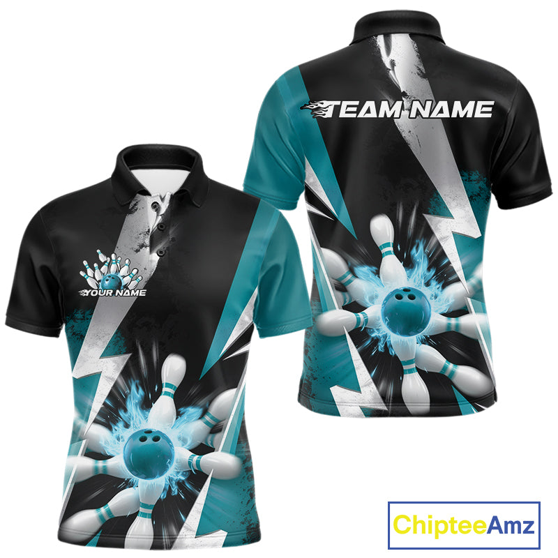Custom Fiery Turquoise Blue Bowling Men Polo Team Shirts, Fire Flame Bowling Jerseys Bowler Outfit IPHW9531