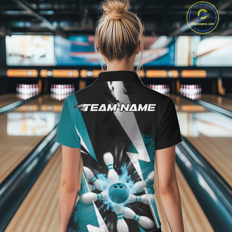 Custom Fiery Turquoise Blue Bowling Women Quarter-Zip Team Shirts, Flame Bowler Outfit IPHW9531