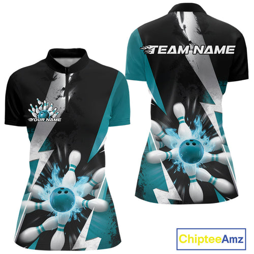 Custom Fiery Turquoise Blue Bowling Women Quarter-Zip Team Shirts, Flame Bowler Outfit IPHW9531