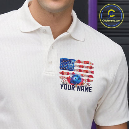 Custom Wild Flower Patriotic US Flag Bowling Polo Shirts For Men, Hippie Bowling Shirt IPHW9753