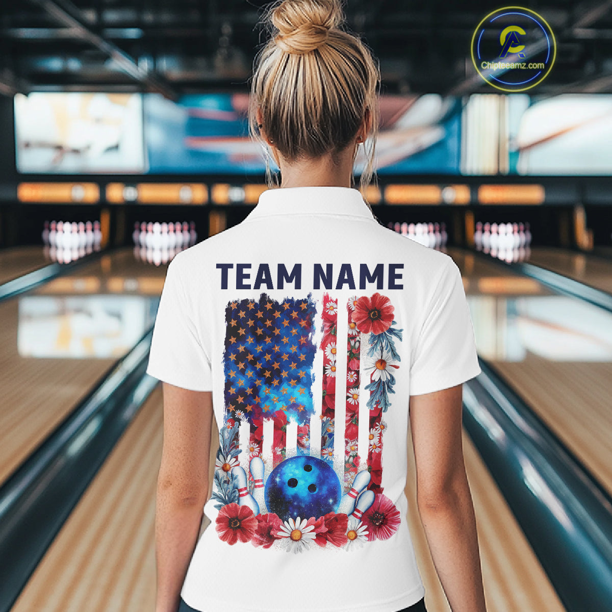 Custom Wild Flower Patriotic US Flag Bowling Polo Shirts For Women, Hippie Bowling Shirt IPHW9753