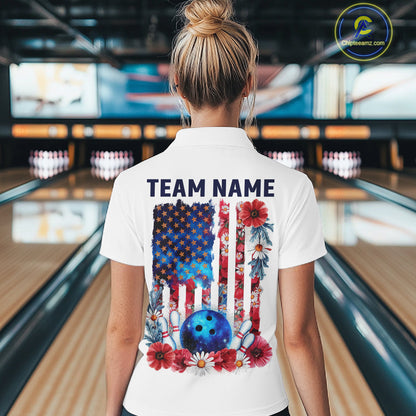 Custom Wild Flower Patriotic US Flag Bowling Women Quarter-Zip Shirt, Hippie Bowling IPHW9753