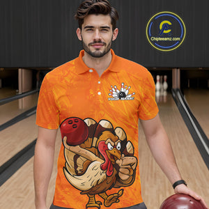 Custom Funny Thanksgiving Turkey Bowling Men Polo Shirts, Bowling League Shirt IPHW9770