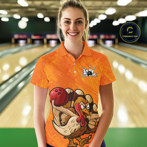 Custom Funny Thanksgiving Turkey Bowling Women Polo Shirts, Bowling League Shirt IPHW9770