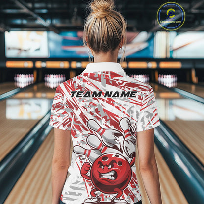 Red Camo Custom Funny Bowling Polo Shirts For Women, Bowling Team Tournament Shirt IPHW9397