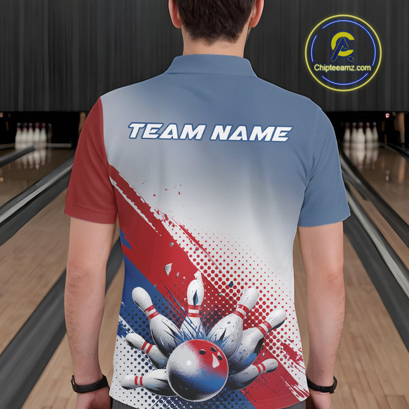 Custom Red, White And Blue Patriotic Bowling Polo Shirts For Men, Bowling League Shirt IPHW9544