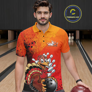 Custom Funny Orange Turkey Bowling Team Men Polo Shirts, Thanksgiving Bowling Outfit IPHW9785