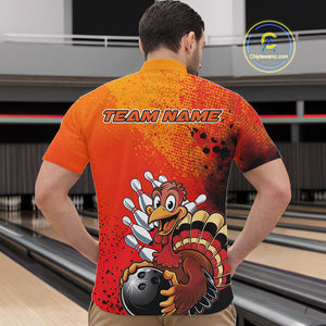 Custom Funny Orange Turkey Bowling Team Men Quarter-Zip Shirts, Thanksgiving Bowling Outfit IPHW9785