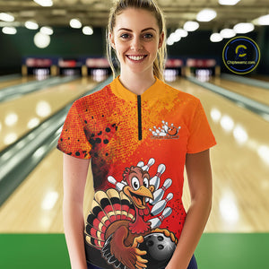 Custom Funny Orange Turkey Bowling Women Quarter-Zip Shirts, Thanksgiving Bowling Outfit IPHW9785