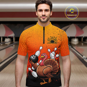Custom Funny Turkey Bowling Thanksgiving Bowing Outfit Team Quarter-Zip Shirts For Men IPHW9787