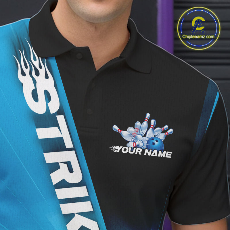 Custom Black And Blue Strike Bowling Polo Shirts For Men, Bowling Team Uniform IPHW9552