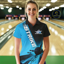 Load image into Gallery viewer, Custom Black And Blue Strike Bowling Polo Shirts For Women, Bowling Team Uniform IPHW9552