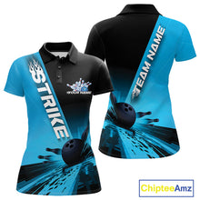 Load image into Gallery viewer, Custom Black And Blue Strike Bowling Polo Shirts For Women, Bowling Team Uniform IPHW9552