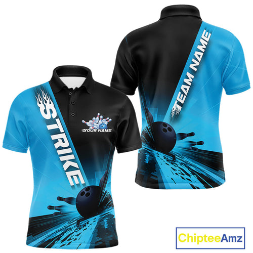 Custom Black And Blue Strike Bowling Polo Shirts For Men, Bowling Team Uniform IPHW9552