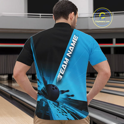 Custom Black And Blue Strike Bowling Quarter-Zip Shirts For Men, Bowling Team Uniform IPHW9552