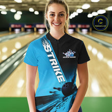 Load image into Gallery viewer, Custom Black And Blue Strike Bowling Quarter-Zip Shirts For Women, Bowling Team Uniform IPHW9552