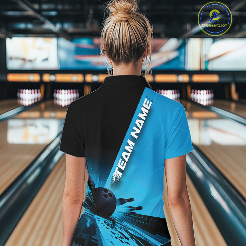 Custom Black And Blue Strike Bowling Quarter-Zip Shirts For Women, Bowling Team Uniform IPHW9552