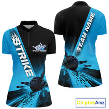 Load image into Gallery viewer, Custom Black And Blue Strike Bowling Quarter-Zip Shirts For Women, Bowling Team Uniform IPHW9552