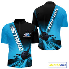 Load image into Gallery viewer, Custom Black And Blue Strike Bowling Quarter-Zip Shirts For Men, Bowling Team Uniform IPHW9552
