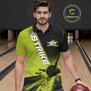 Custom Black And Green Strike Bowling Polo Shirts For Men, Bowling Team Uniform IPHW9553