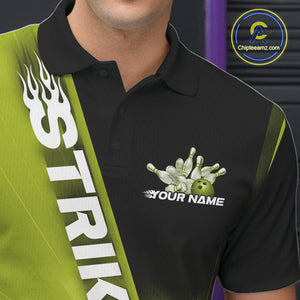 Custom Black And Green Strike Bowling Polo Shirts For Men, Bowling Team Uniform IPHW9553